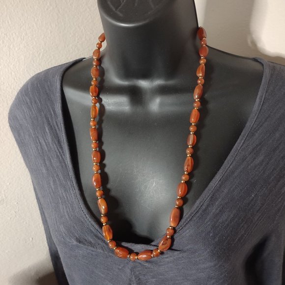 27 Inch Reddish Orange Stone Bead Necklace - Picture 1 of 9